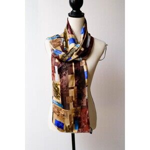 Kenneth Cole Silk rectangle scarf abstract geometric browns fall colors 10" x 60